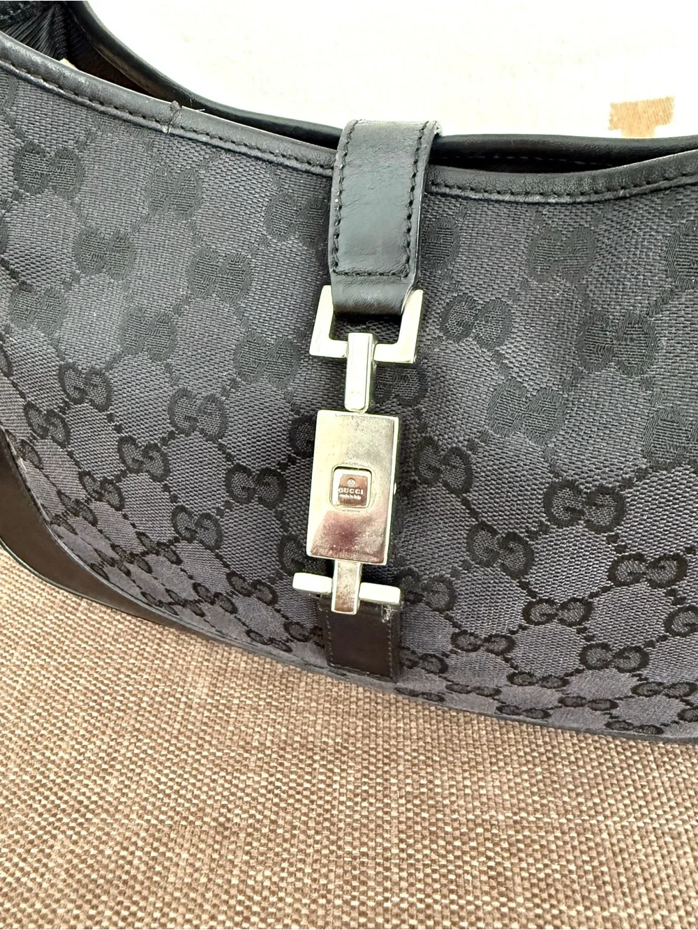 Gucci authentic Jackie hobo bag black monogram canvas black leather shoulder bag